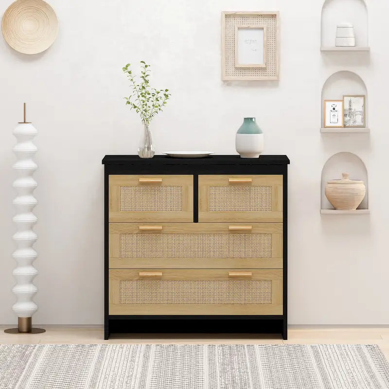 Commode 4 tiroirs en rotin avec cadre en bois, Naturel/Noir, 1 personne