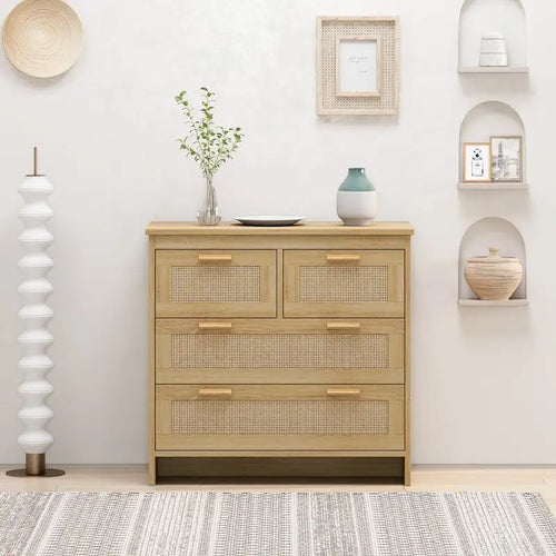 Commode 4 tiroirs en rotin avec cadre en bois, Naturel/Noir, 1 personne