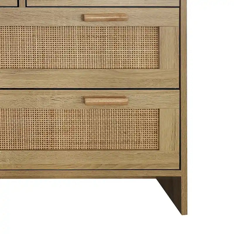 Commode 4 tiroirs en rotin avec cadre en bois, Naturel/Noir, 1 personne