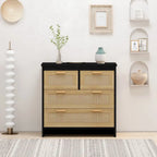 Commode 4 tiroirs en rotin avec cadre en bois, Naturel/Noir, 1 personne