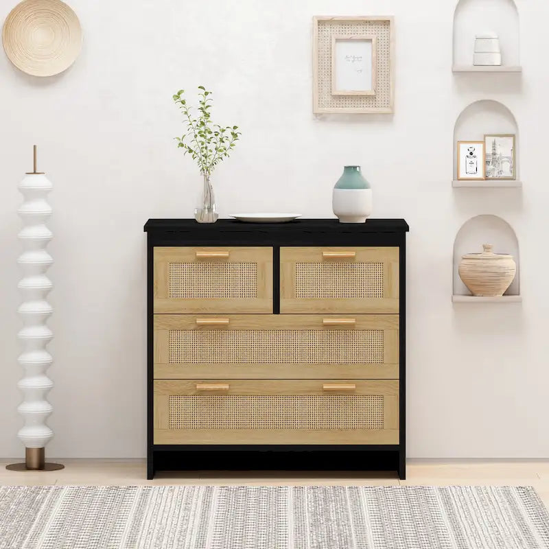Commode 4 tiroirs en rotin avec cadre en bois, Naturel/Noir, 1 personne