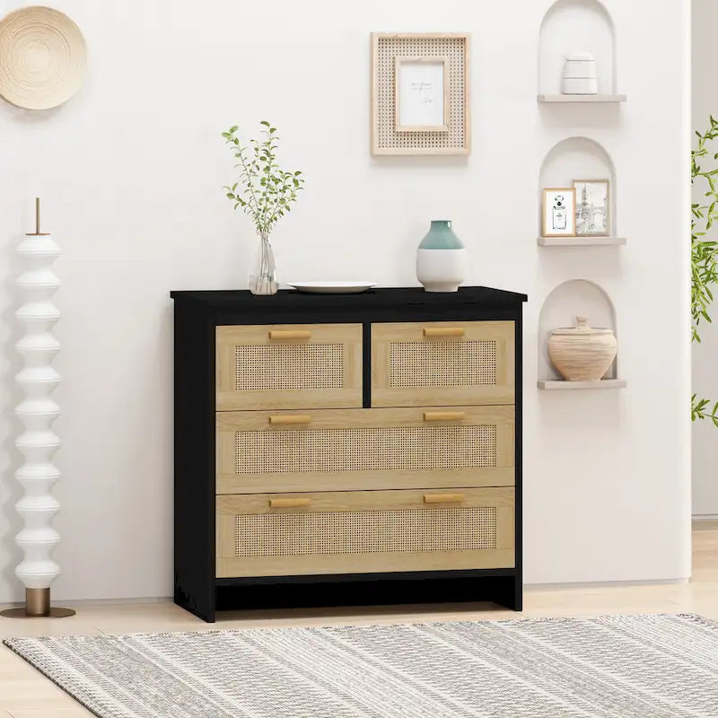 Commode 4 tiroirs en rotin avec cadre en bois, Naturel/Noir, 1 personne