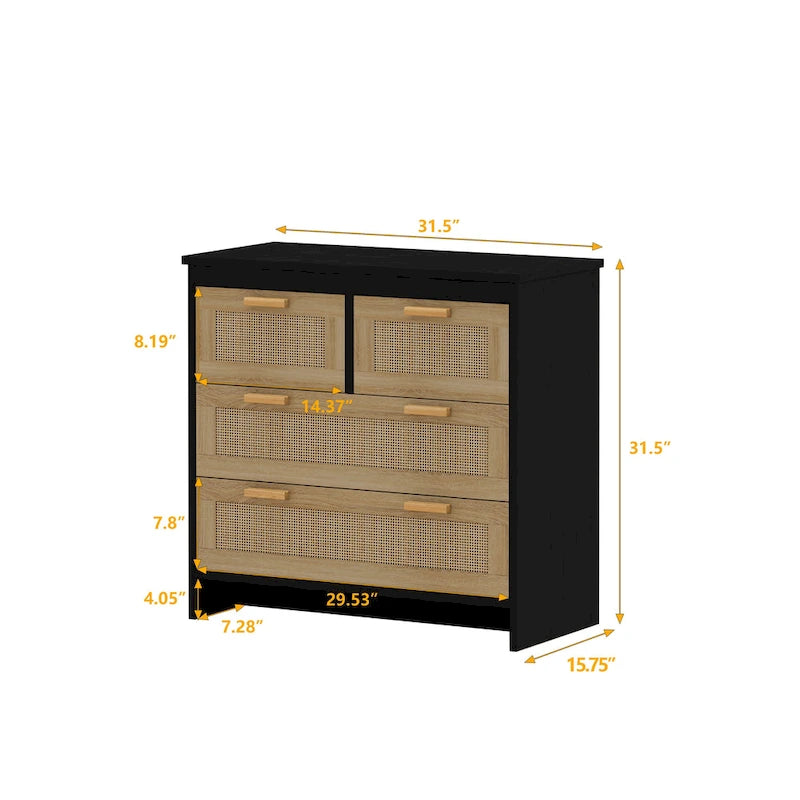 Commode 4 tiroirs en rotin avec cadre en bois, Naturel/Noir, 1 personne