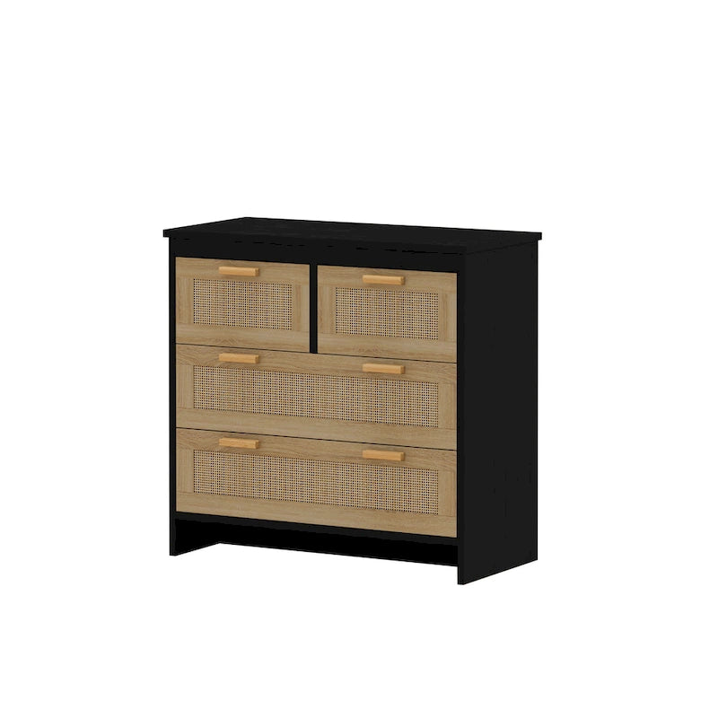Commode 4 tiroirs en rotin avec cadre en bois, Naturel/Noir, 1 personne