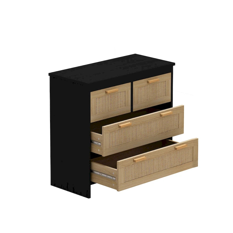 Commode 4 tiroirs en rotin avec cadre en bois, Naturel/Noir, 1 personne