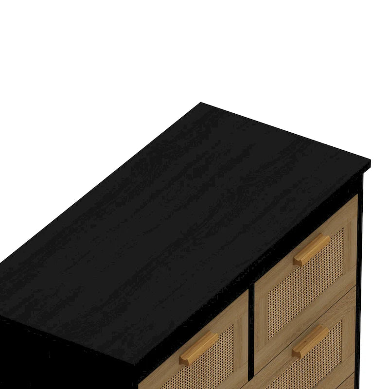 Commode 4 tiroirs en rotin avec cadre en bois, Naturel/Noir, 1 personne