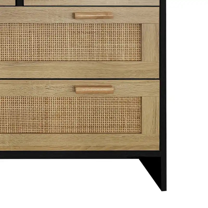 Commode 4 tiroirs en rotin avec cadre en bois, Naturel/Noir, 1 personne