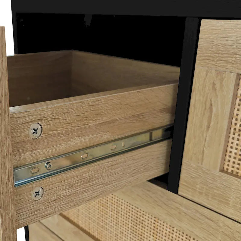 Commode 4 tiroirs en rotin avec cadre en bois, Naturel/Noir, 1 personne