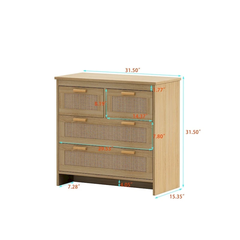 Commode 4 tiroirs en rotin avec cadre en bois, Naturel/Noir, 1 personne