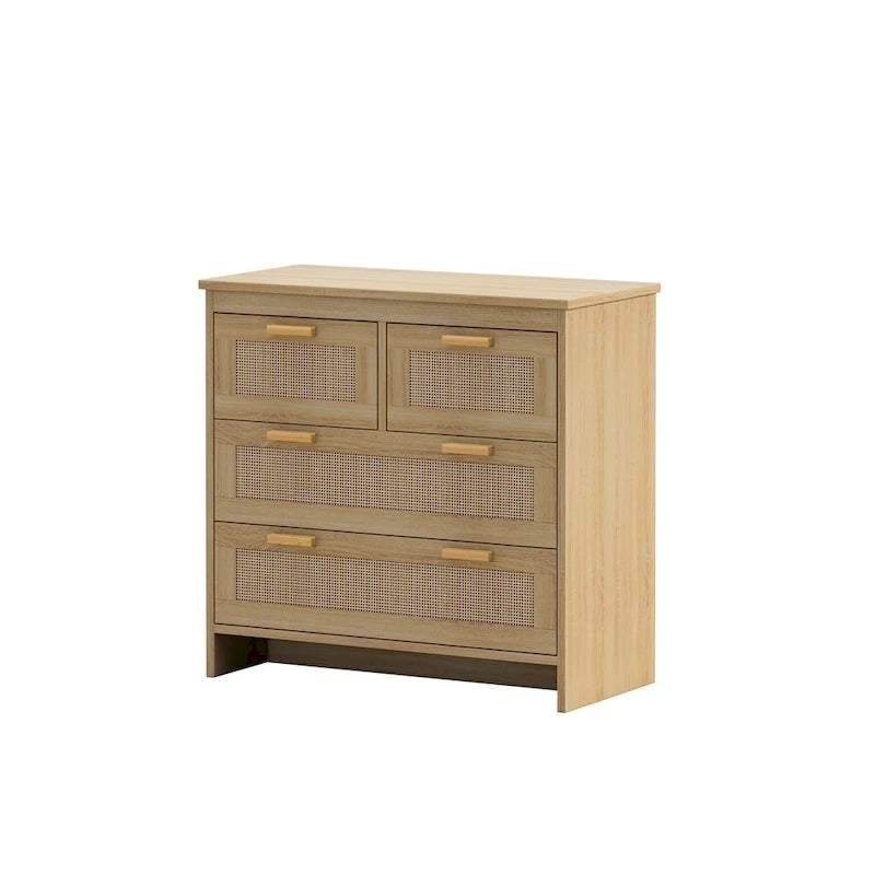 Commode 4 tiroirs en rotin avec cadre en bois, Naturel/Noir, 1 personne