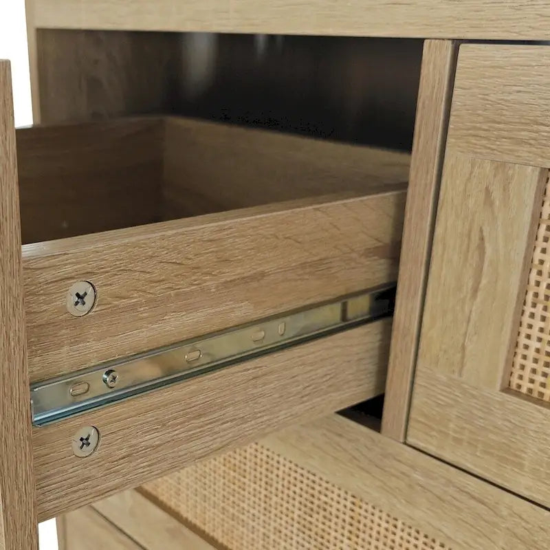 Commode 4 tiroirs en rotin avec cadre en bois, Naturel/Noir, 1 personne