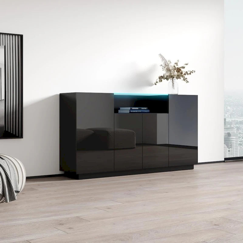 Buffet moderne gris/noir/blanc avec éclairage LED, montage 1 personne
