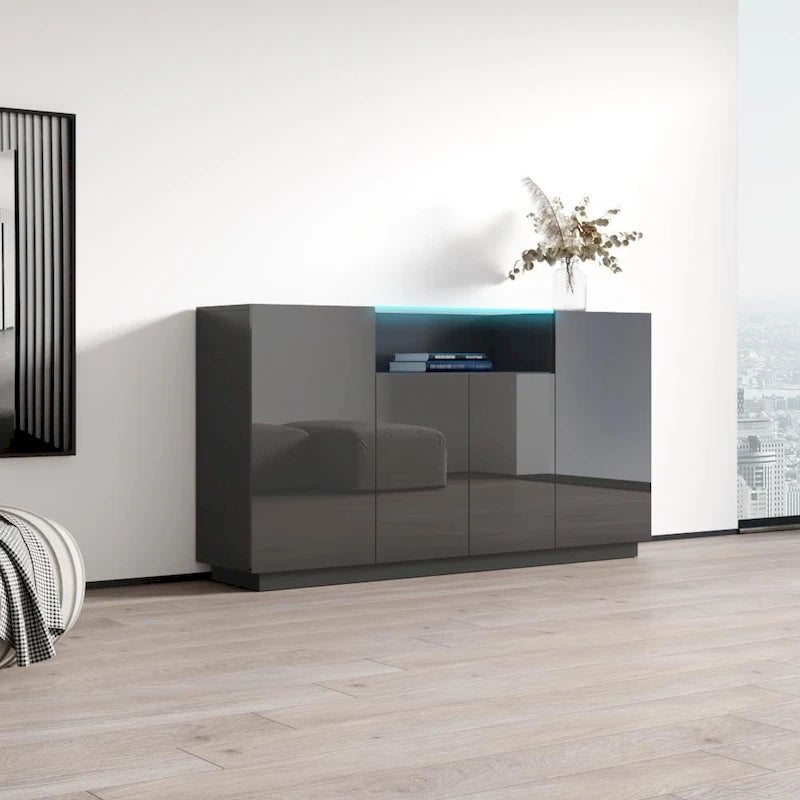 Buffet moderne gris/noir/blanc avec éclairage LED, montage 1 personne