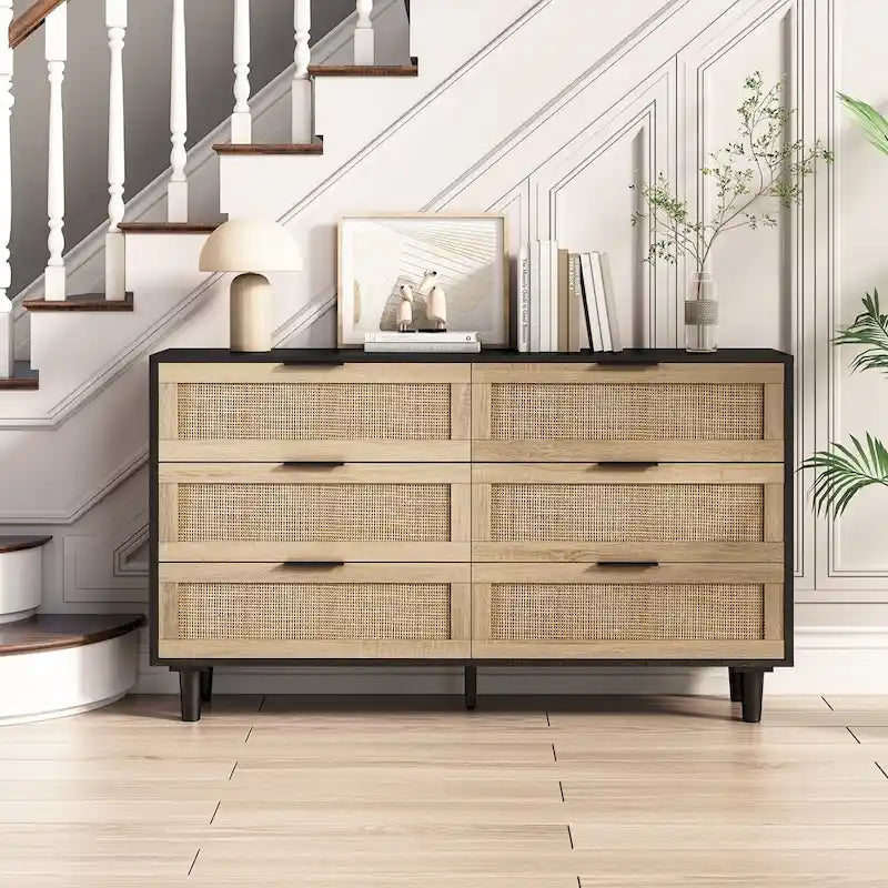 Commode de rangement à 6 tiroirs Noire et Naturelle / Rotin Naturel, Utilisation par 1 personne