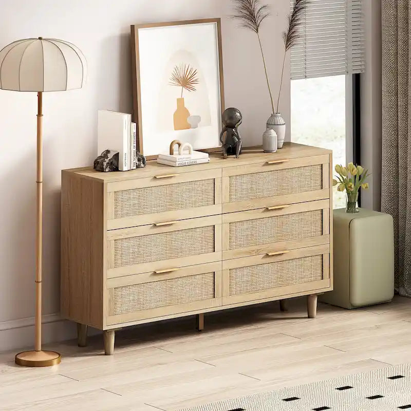 Commode de rangement à 6 tiroirs Noire et Naturelle / Rotin Naturel, Utilisation par 1 personne