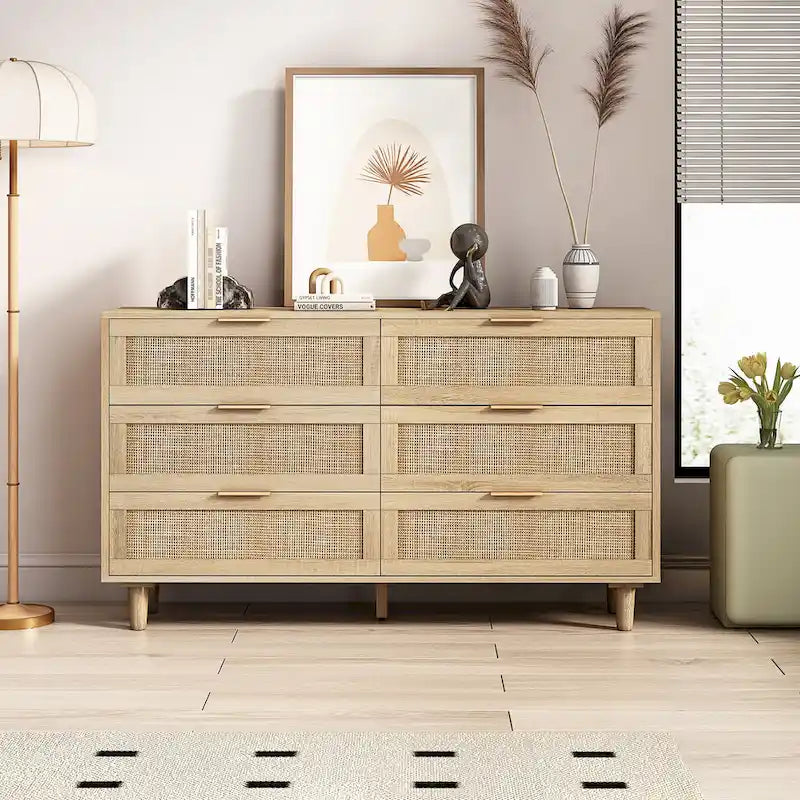 Commode de rangement à 6 tiroirs Noire et Naturelle / Rotin Naturel, Utilisation par 1 personne