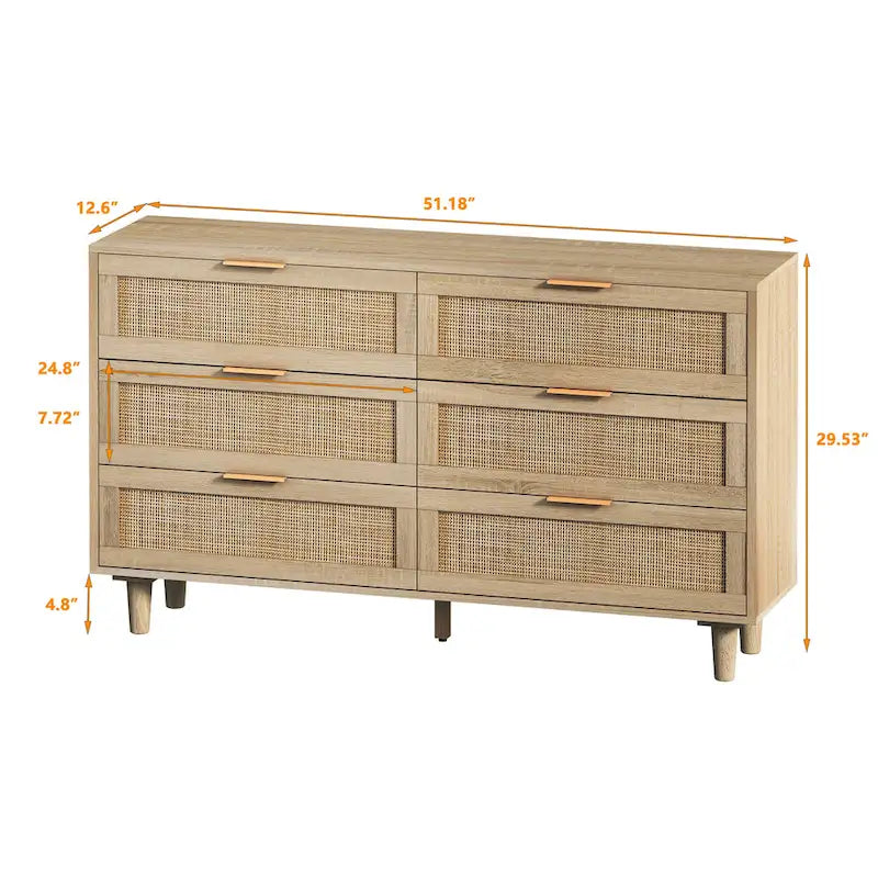 Commode de rangement à 6 tiroirs Noire et Naturelle / Rotin Naturel, Utilisation par 1 personne