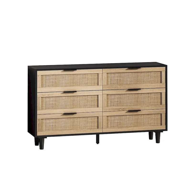 Commode de rangement à 6 tiroirs Noire et Naturelle / Rotin Naturel, Utilisation par 1 personne