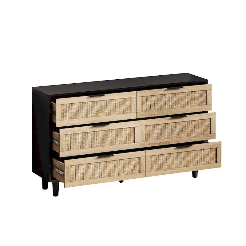 Commode de rangement à 6 tiroirs Noire et Naturelle / Rotin Naturel, Utilisation par 1 personne