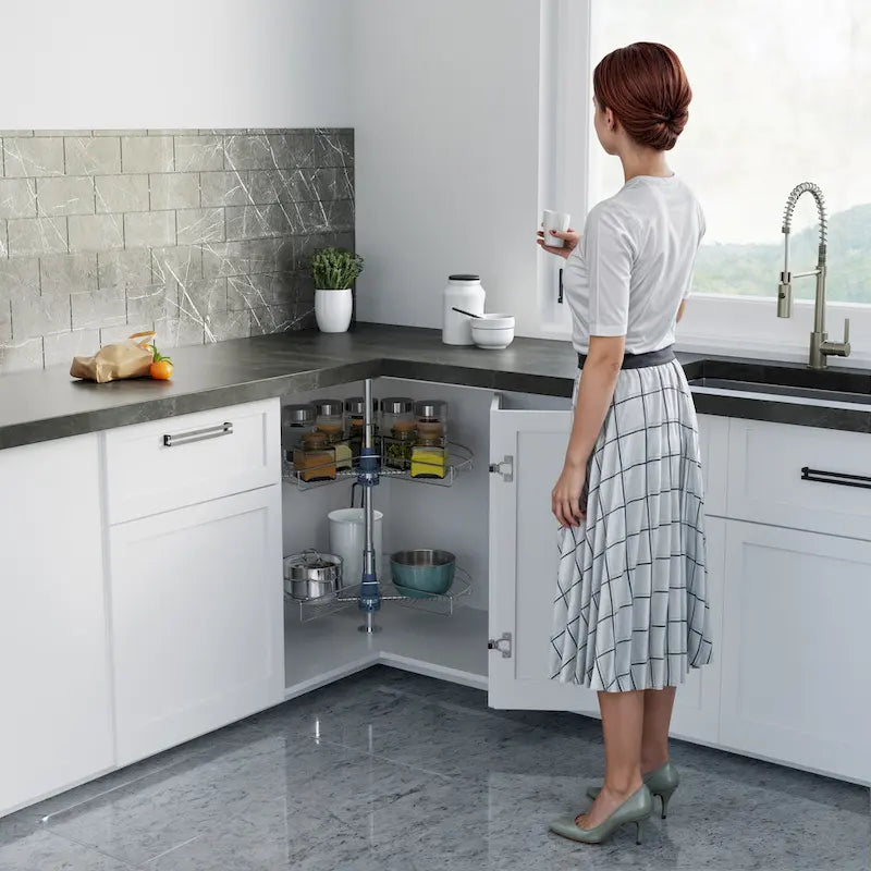 Plateau tournant double tablette 270° gris – 81 cm de diamètre en acier inoxydable