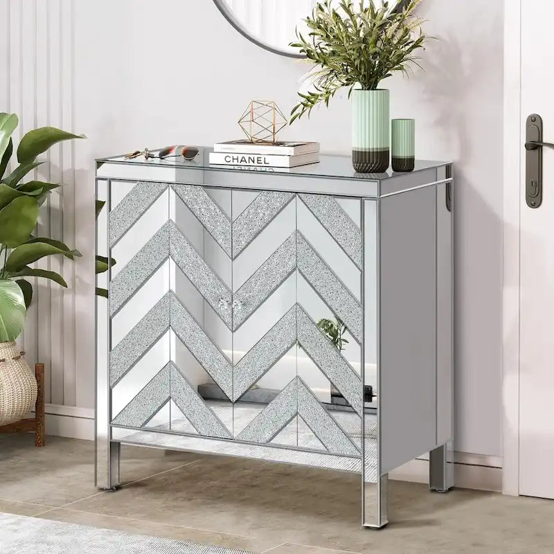 Meuble de rangement 2 portes, miroir argenté – Style M et losange