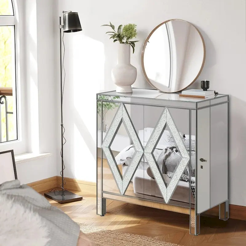 Meuble de rangement 2 portes, miroir argenté – Style M et losange