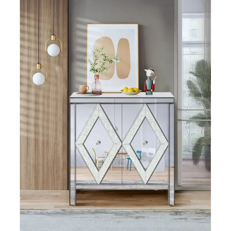 Meuble de rangement 2 portes, miroir argenté – Style M et losange