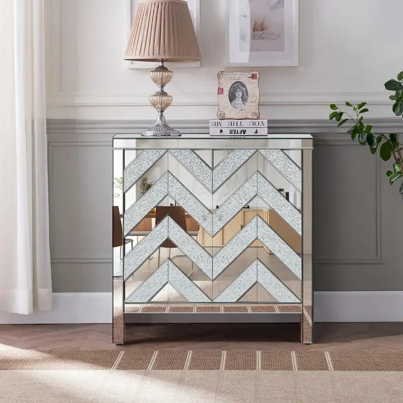 Meuble de rangement 2 portes, miroir argenté – Style M et losange