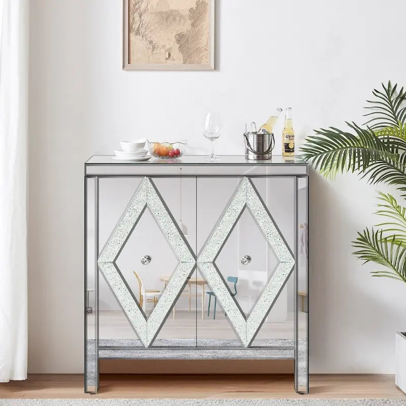 Meuble de rangement 2 portes, miroir argenté – Style M et losange
