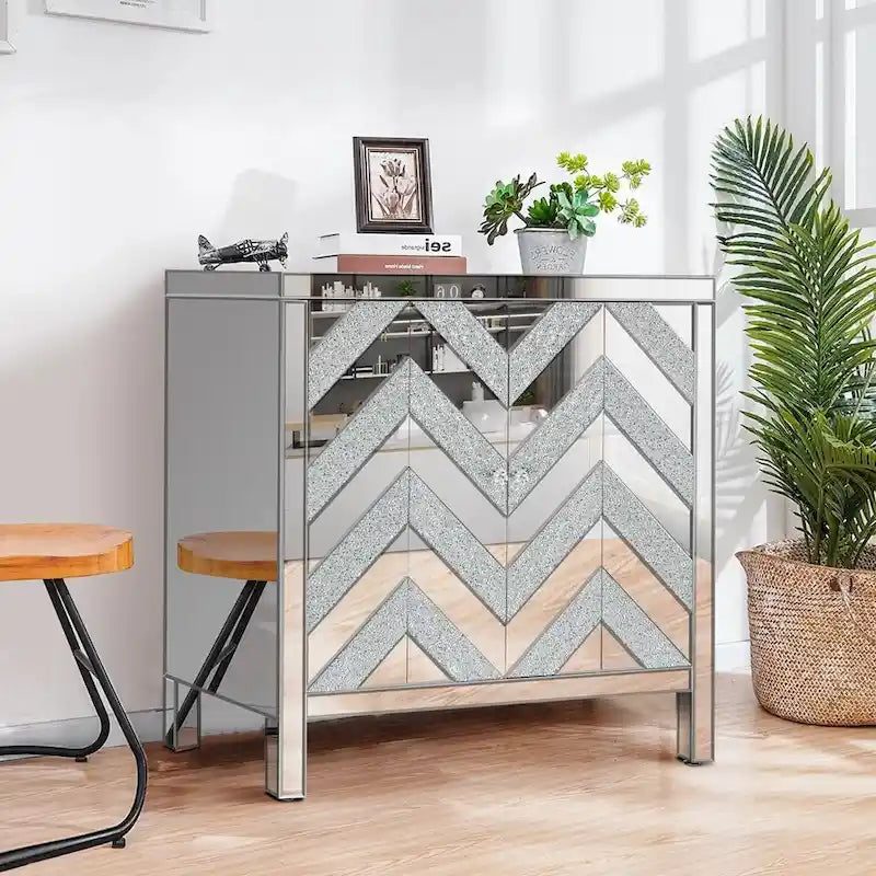 Meuble de rangement 2 portes, miroir argenté – Style M et losange