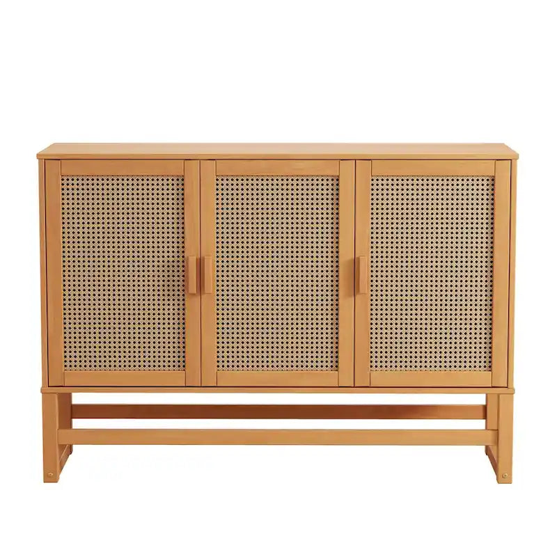 Enfilade 3 portes en rotin tressé naturel / espresso avec étagères, piètement traîneau