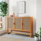 Enfilade 3 portes en rotin tressé naturel / espresso avec étagères, piètement traîneau