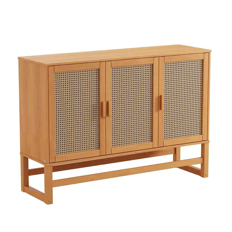 Enfilade 3 portes en rotin tressé naturel / espresso avec étagères, piètement traîneau
