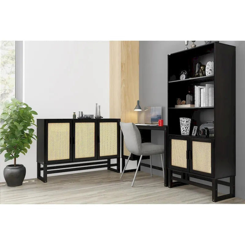 Enfilade 3 portes en rotin tressé naturel / espresso avec étagères, piètement traîneau
