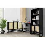 Enfilade 3 portes en rotin tressé naturel / espresso avec étagères, piètement traîneau