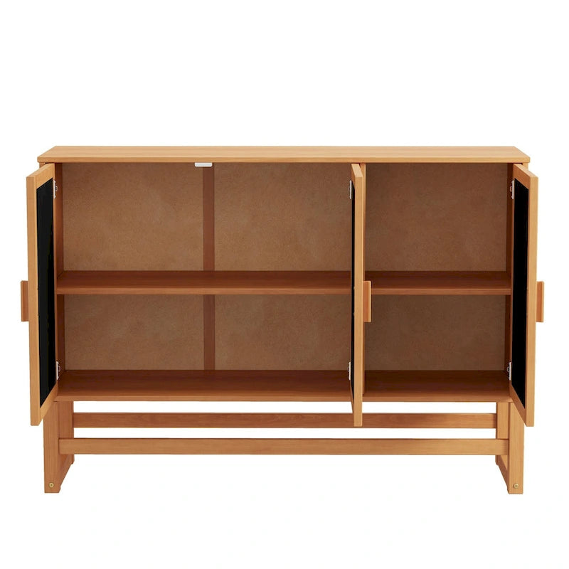 Enfilade 3 portes en rotin tressé naturel / espresso avec étagères, piètement traîneau