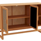 Enfilade 3 portes en rotin tressé naturel / espresso avec étagères, piètement traîneau