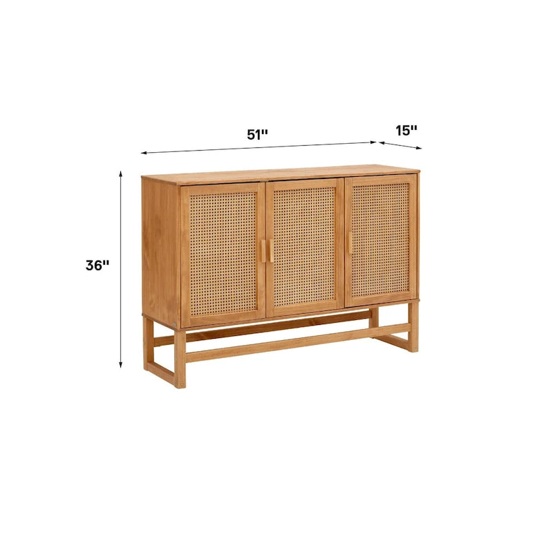 Enfilade 3 portes en rotin tressé naturel / espresso avec étagères, piètement traîneau