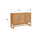 Enfilade 3 portes en rotin tressé naturel / espresso avec étagères, piètement traîneau