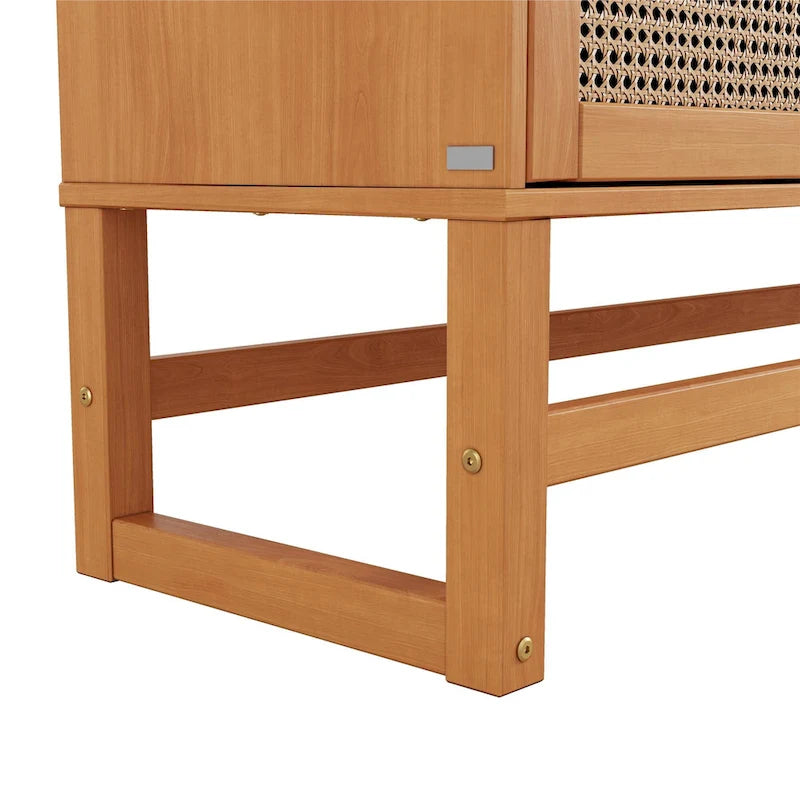 Enfilade 3 portes en rotin tressé naturel / espresso avec étagères, piètement traîneau