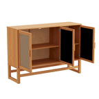 Enfilade 3 portes en rotin tressé naturel / espresso avec étagères, piètement traîneau