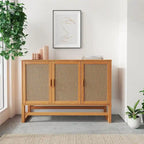 Enfilade 3 portes en rotin tressé naturel / espresso avec étagères, piètement traîneau