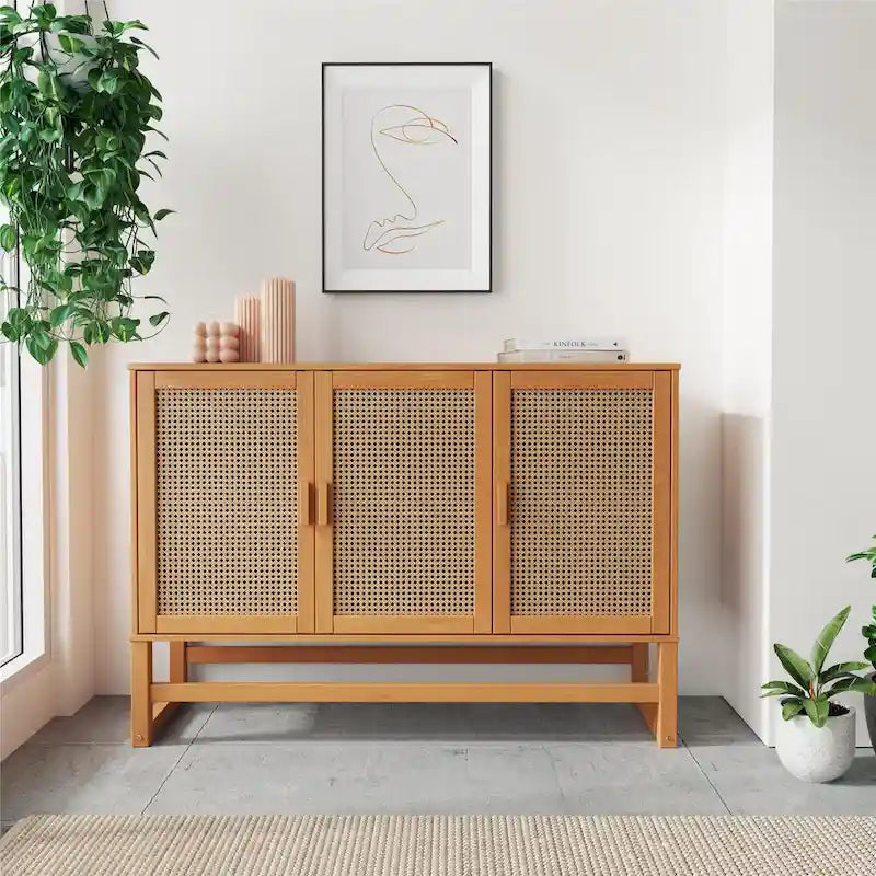 Enfilade 3 portes en rotin tressé naturel / espresso avec étagères, piètement traîneau
