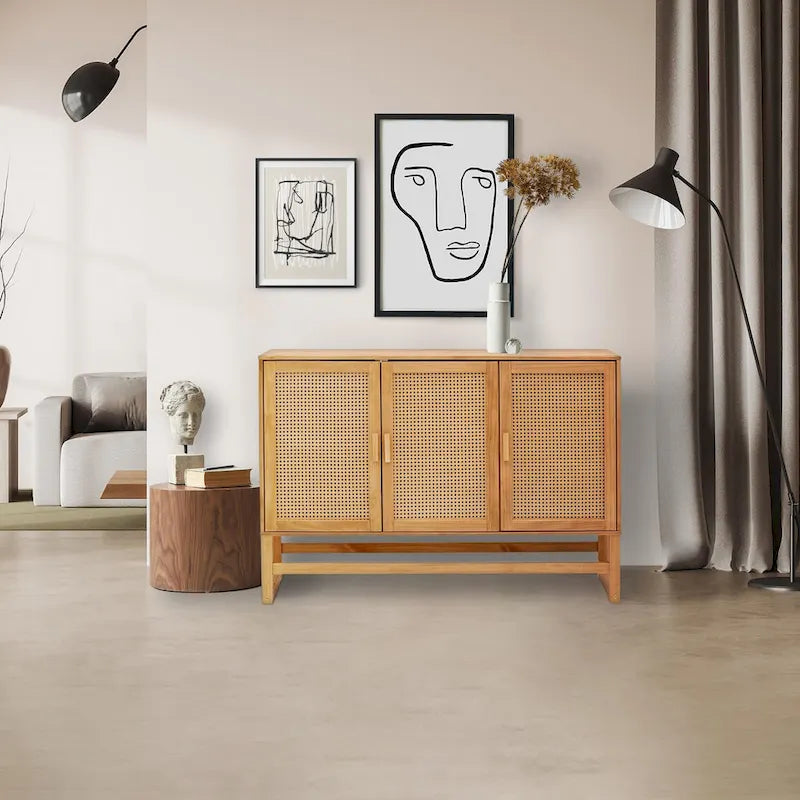 Enfilade 3 portes en rotin tressé naturel / espresso avec étagères, piètement traîneau