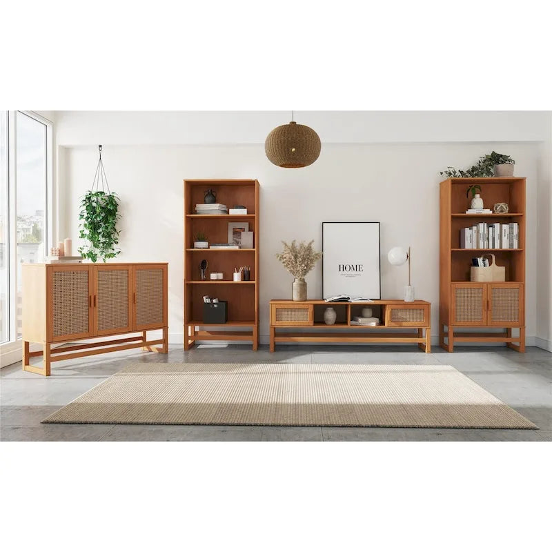 Enfilade 3 portes en rotin tressé naturel / espresso avec étagères, piètement traîneau