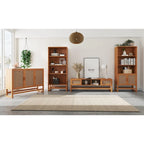 Enfilade 3 portes en rotin tressé naturel / espresso avec étagères, piètement traîneau