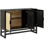 Enfilade 3 portes en rotin tressé naturel / espresso avec étagères, piètement traîneau