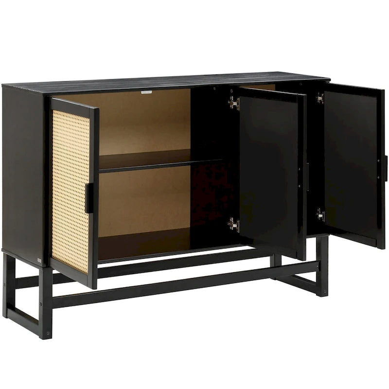 Enfilade 3 portes en rotin tressé naturel / espresso avec étagères, piètement traîneau