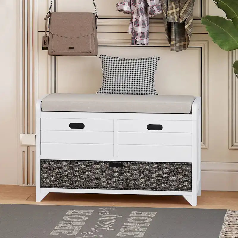Banc de rangement capitonné bleu marine/blanc avec 2 tiroirs et panier – 1 place