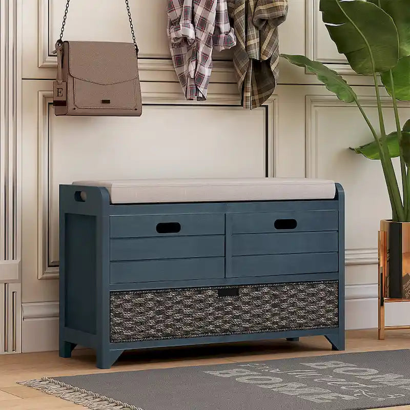 Banc de rangement capitonné bleu marine/blanc avec 2 tiroirs et panier – 1 place